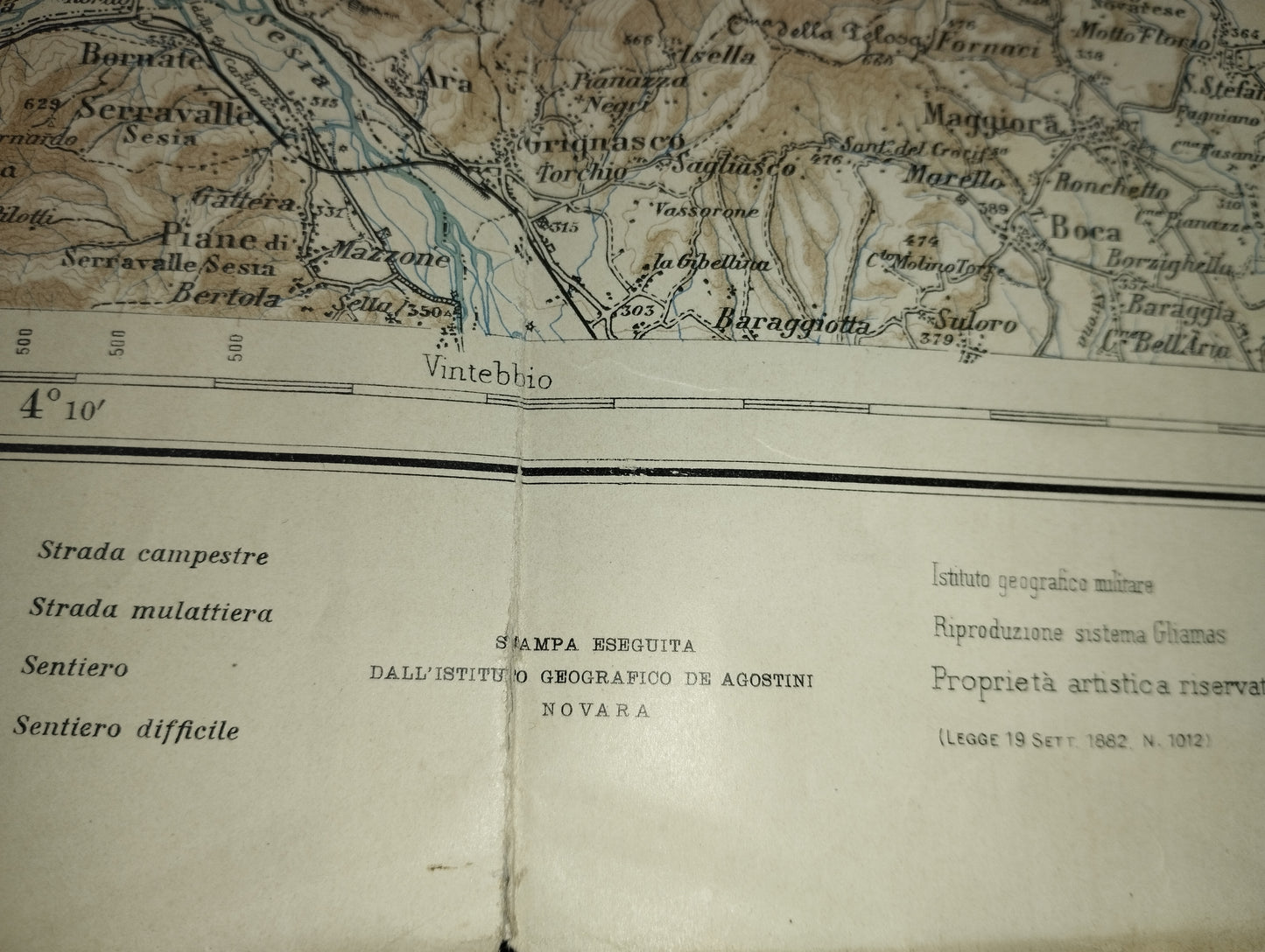 Antica Carta Topografica La Valsesia scala chilometrica di 1 a 100.000