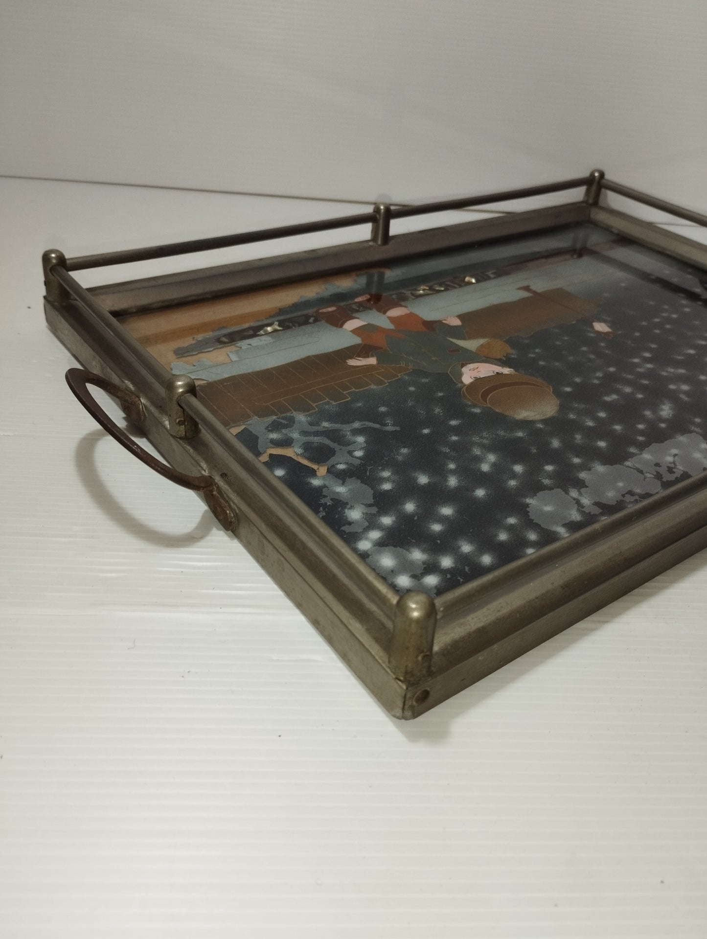 Antico Vassoio Da Portata In Metallo/Vetro/Legno