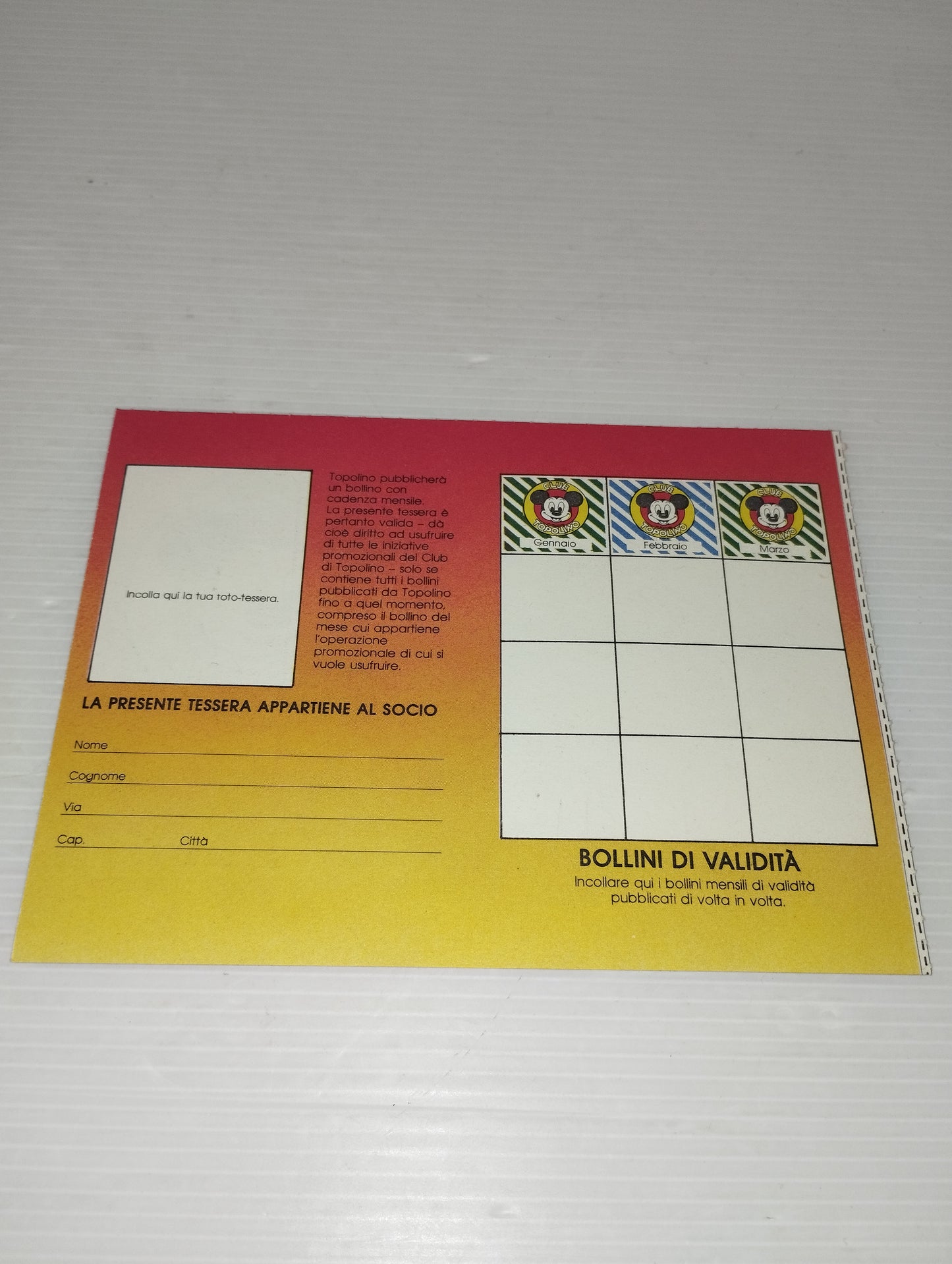 Tessera Club Topolino 1981
Senza bollini attaccati