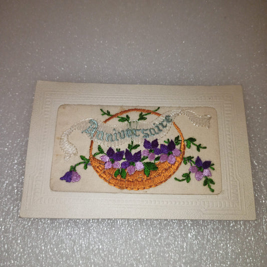Antica Cartolina Ricamata Anniversaire