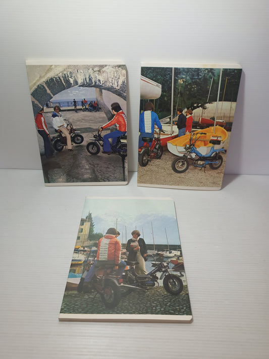 Tre quaderni piccoli ciclomotori Benelli, anni 70