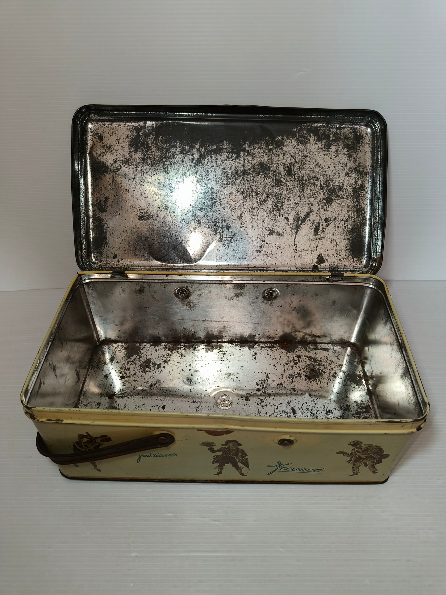 Scatola latta antica Pasticceria Franco, LEGGI