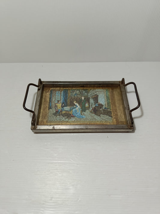 Antico Vassoio in Metallo E Vetro