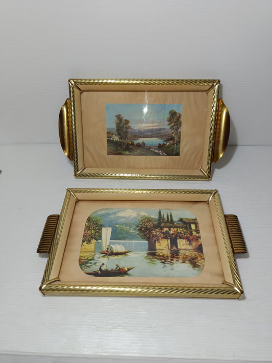2 Vassoi Vintage In Legno/Metallo/Vetro
