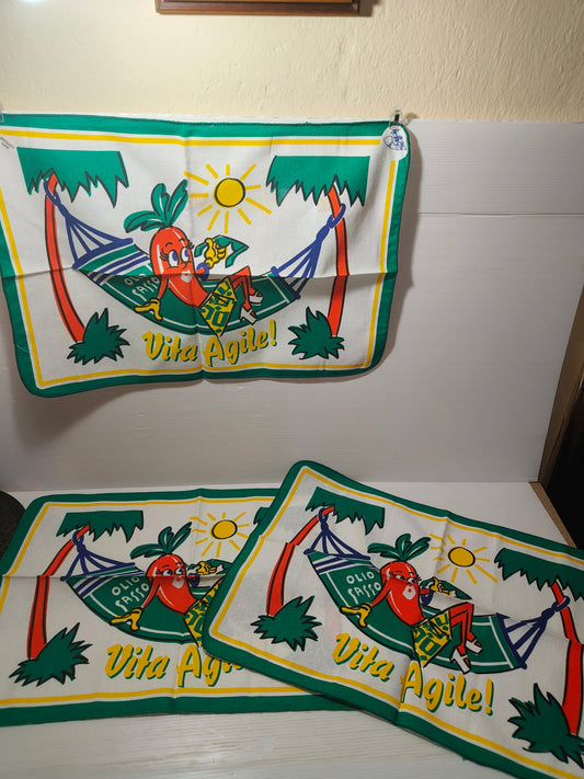Tre tovagliette in cotone olio Sasso Anni 70