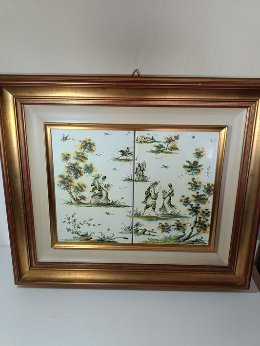 2 Piastrelle In Ceramica Dipinte A Mano In Cornice Vintage