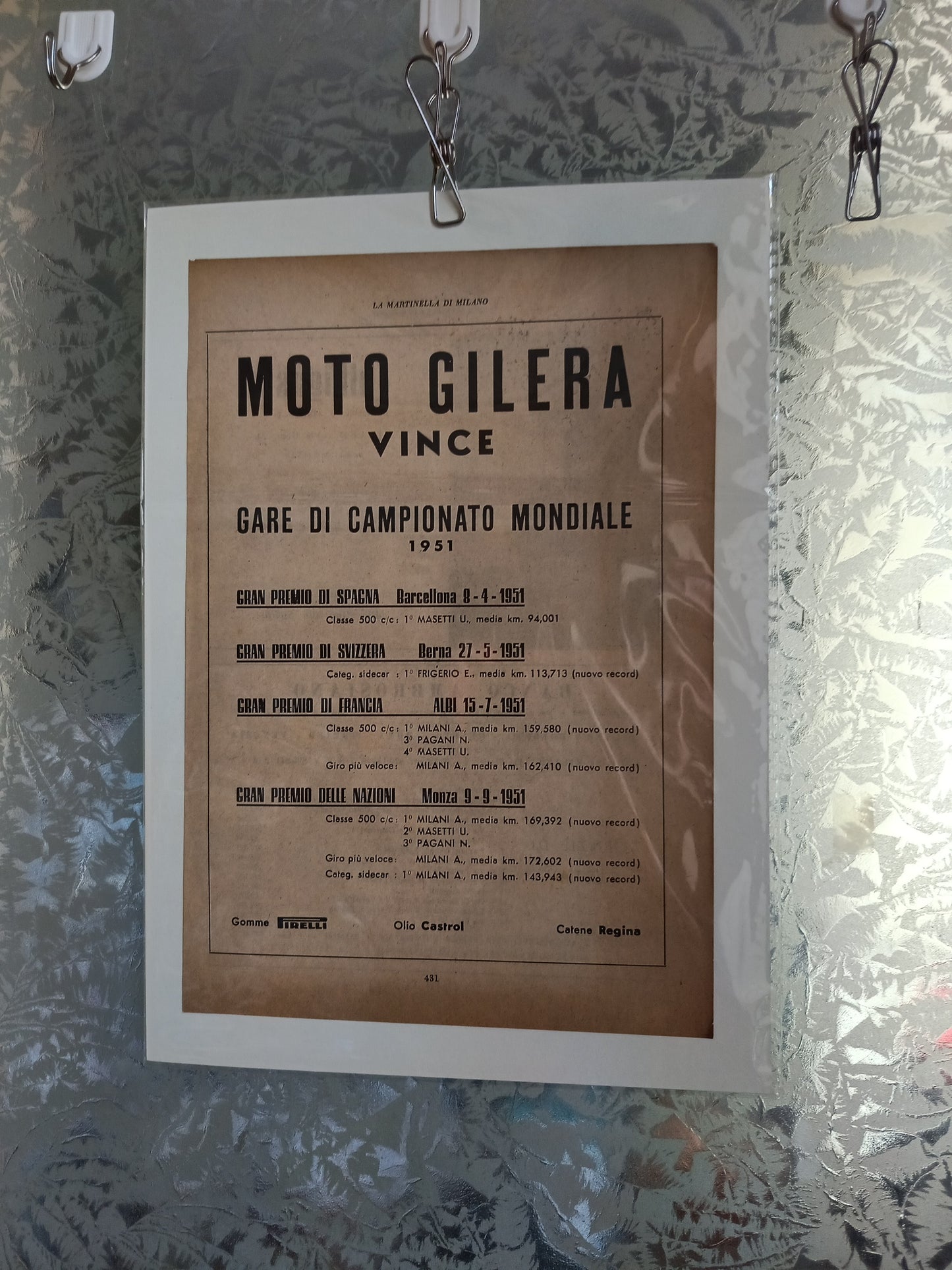 Moto Gilera risultati 1951 Locandina
Rifilata Da Rivista D'epoca Su Cartoncino