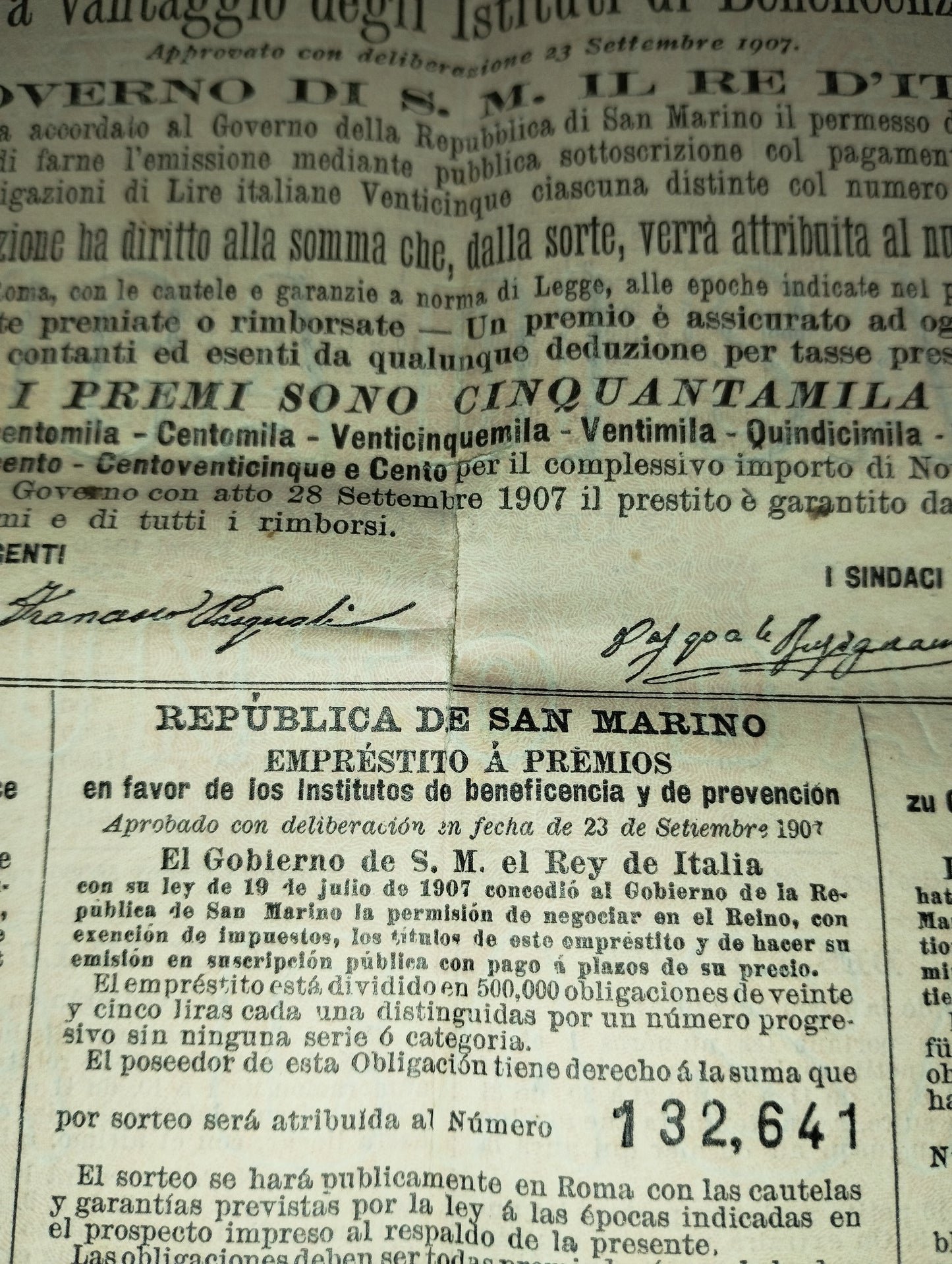 Antica Obbligazione Repubblica Di San Marino Regno d'Italia
Prestito a premi anno 1908
