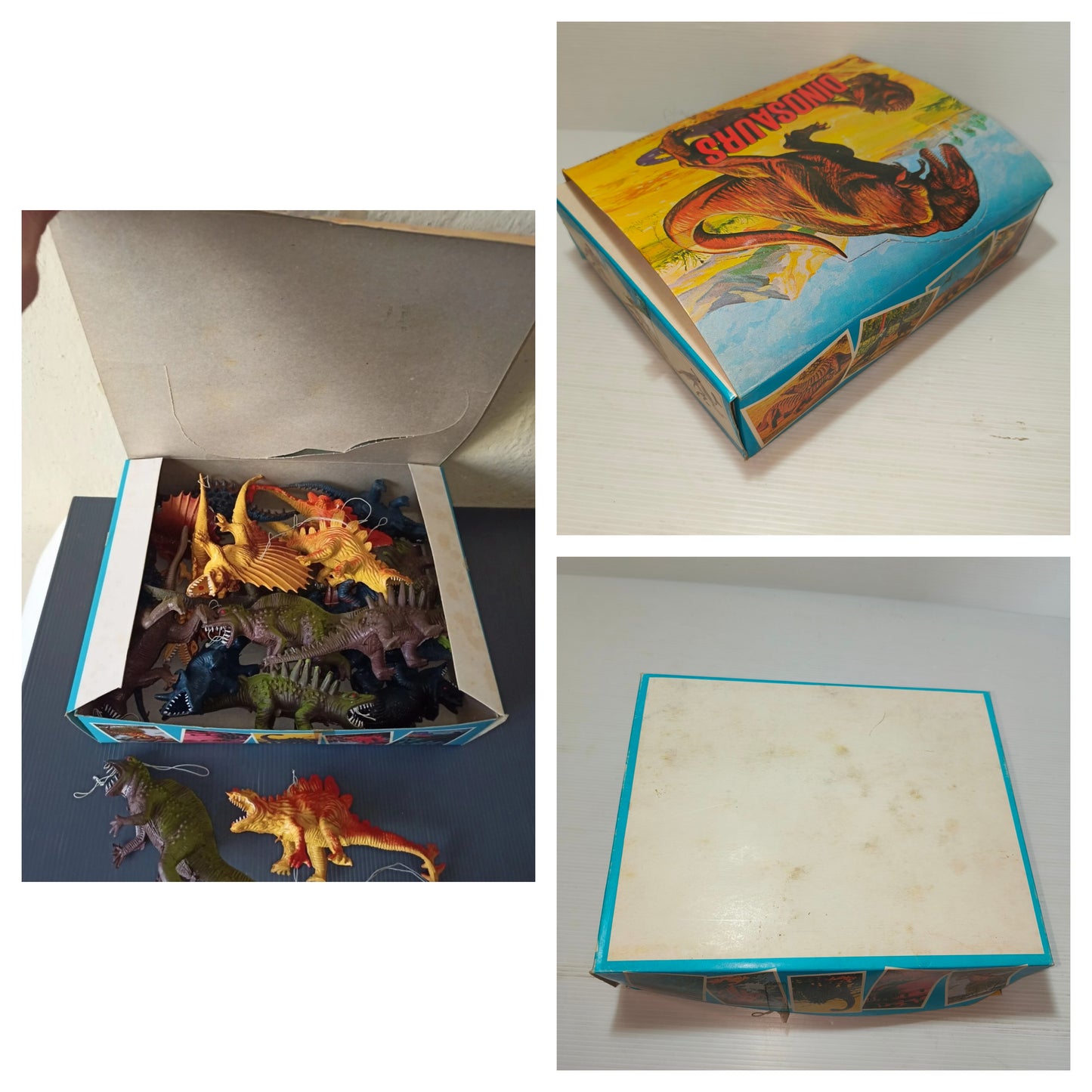 Display box of 24 mixed plastic dinosaurs, original from the 70s and 80s