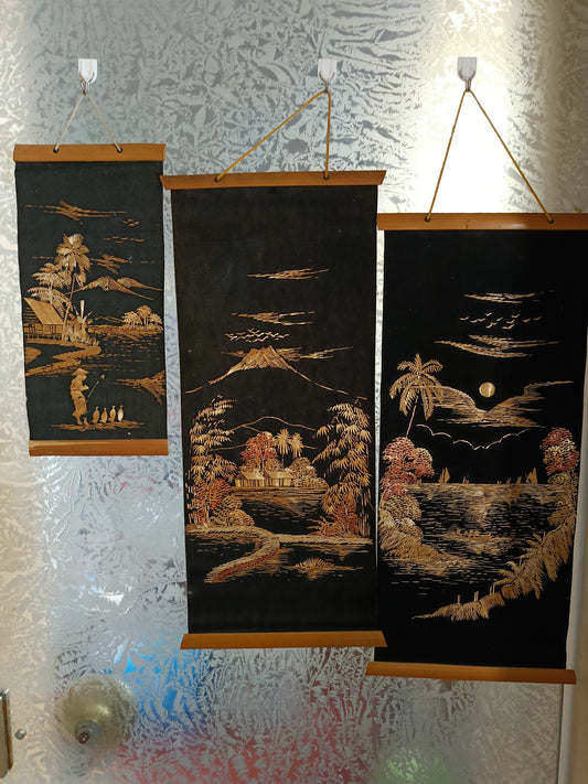 3 Decorazioni Da Parete Scene Orientali In Paglia/Bambù Vintage