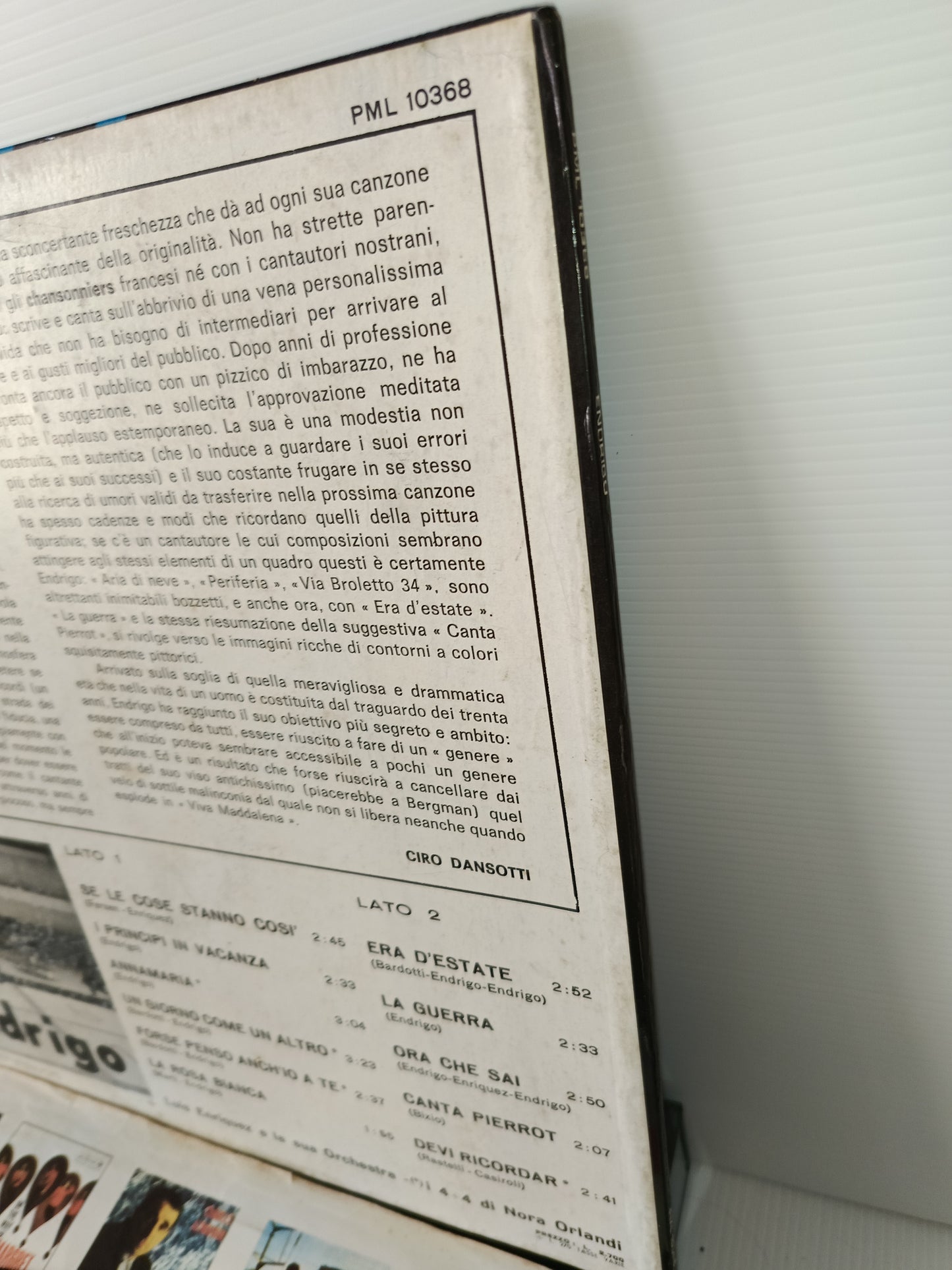 Endrigo Sergio Endrigo LP 33 Giri Edito nel 1963 da RCA Cod .PML 10368