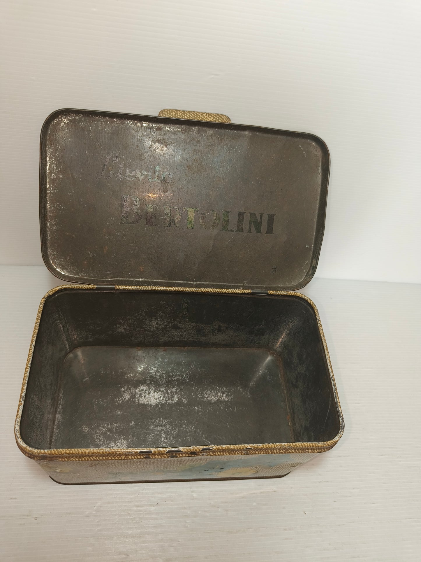 Scatola antica in latta Bertolini, LEGGI