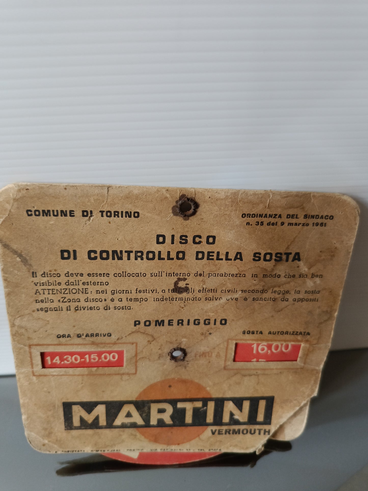 Disco Orario D'epoca Comune Di Torino Martini
Anni 60