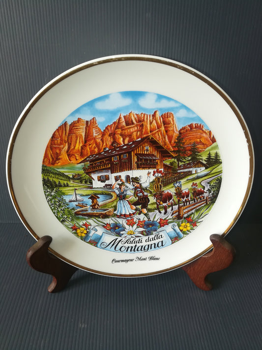 Piatto Souvenir Saluti dalla Montagna Courmayeur Mont Blanc In Ceramica Vintage