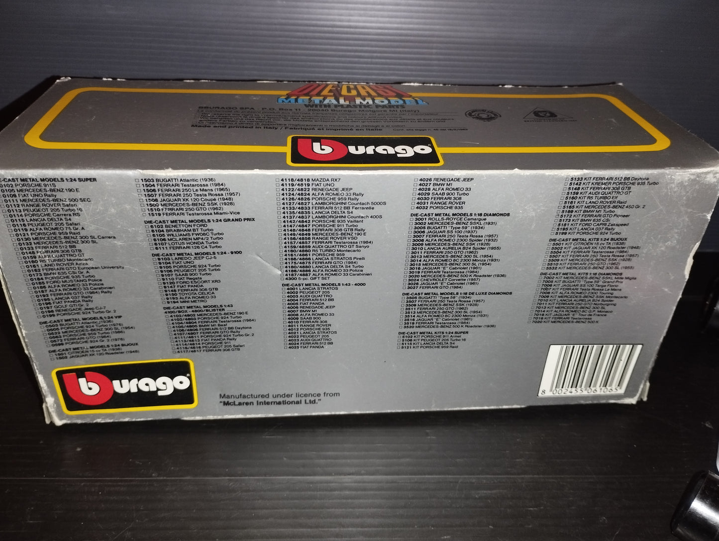 Modellino McLaren MP4/2 TURBO Prodotto da Burago Cod 6106
Scala 1:24