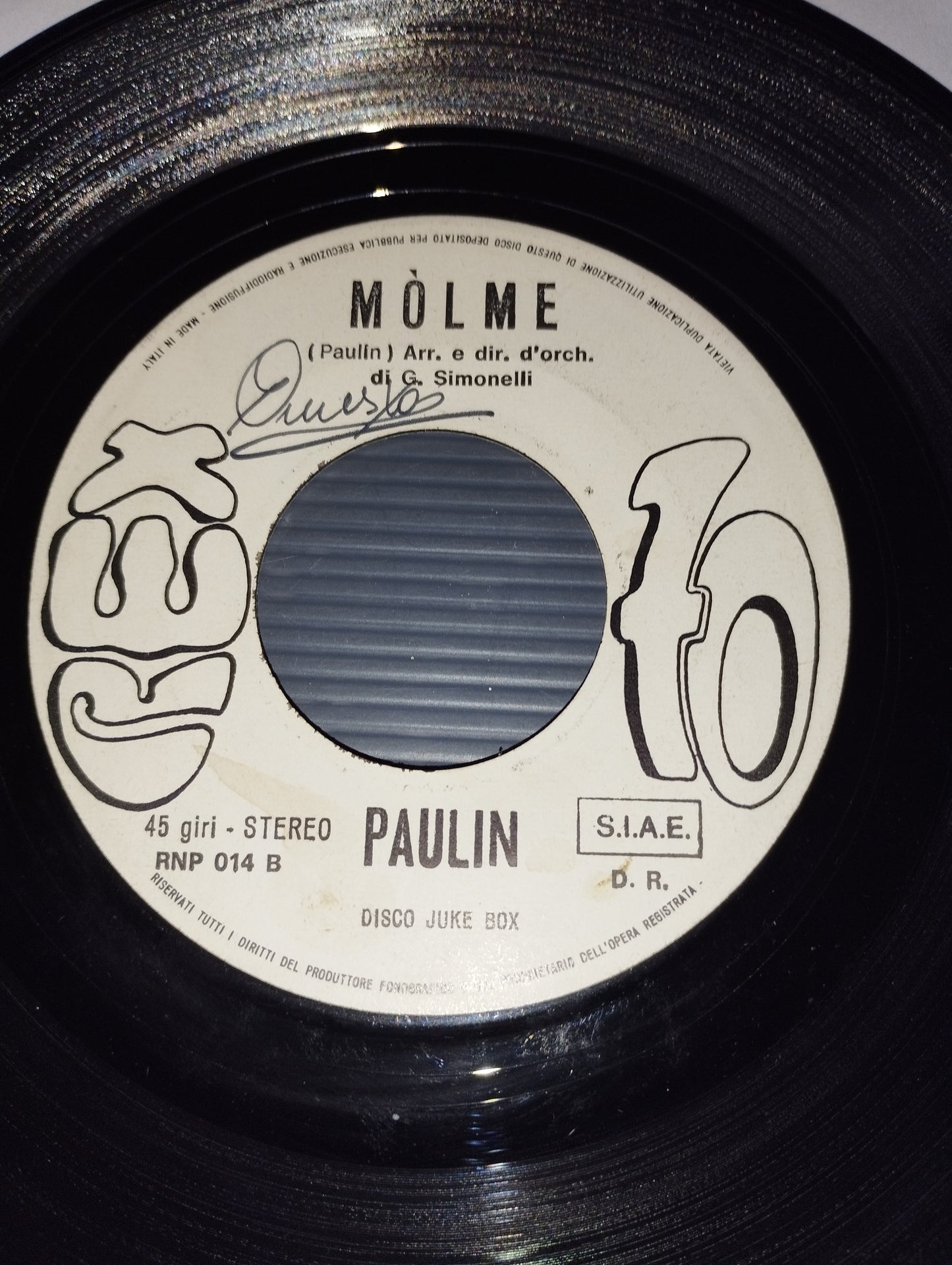 Molme/Kentucky" Paulin 45 RPM
Published in 1971 by Rex70 Cod.RNP 014