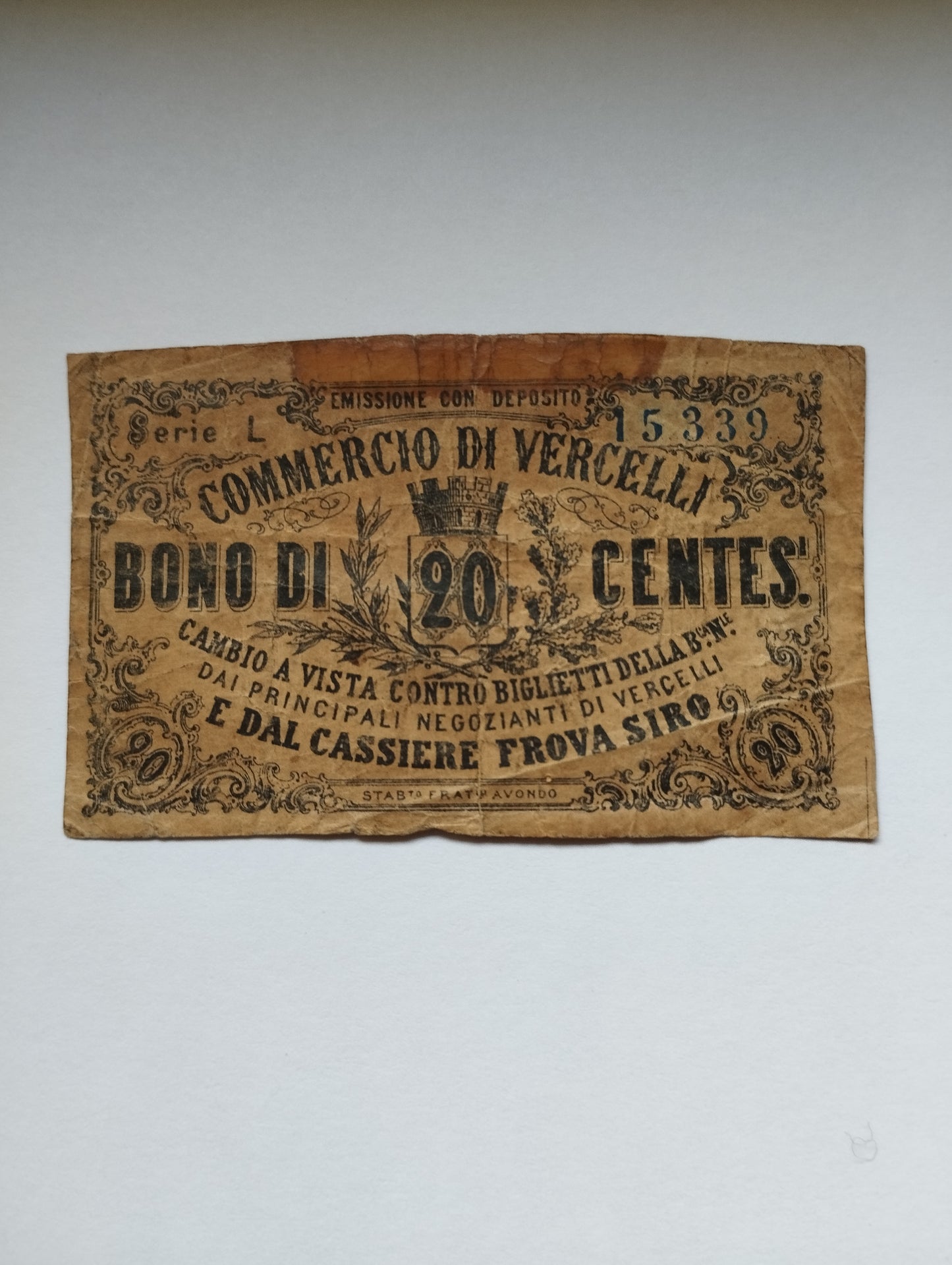 Antico Buono Fiduciario 20 Cents Commercio Di Vercelli