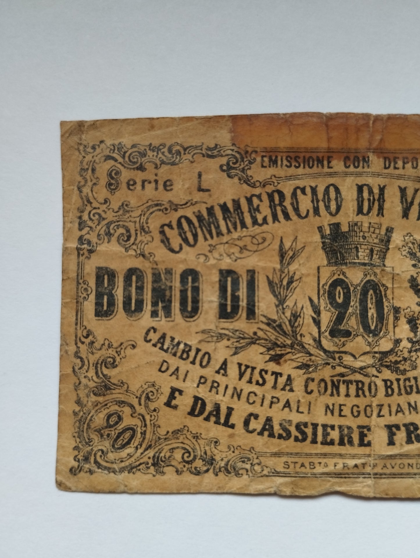 Ancient 20 Cent Fiduciary Bond for Vercelli Trade