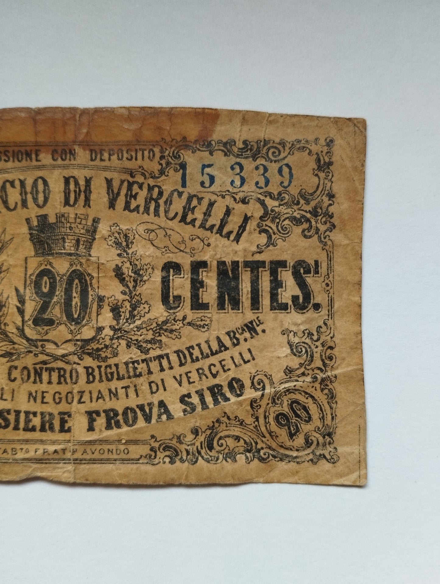 Ancient 20 Cent Fiduciary Bond for Vercelli Trade