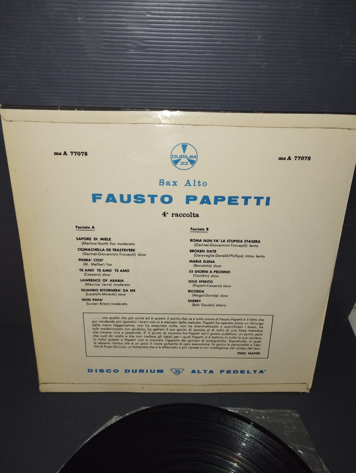 Fausto Papetti 4a Raccolta LP 33 giri

Edito nel 1963 da Durium Cod ms A 77078