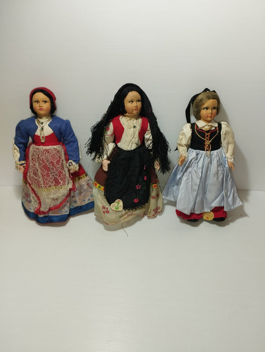 3 Bambole In Panno E Tessuto Vintage