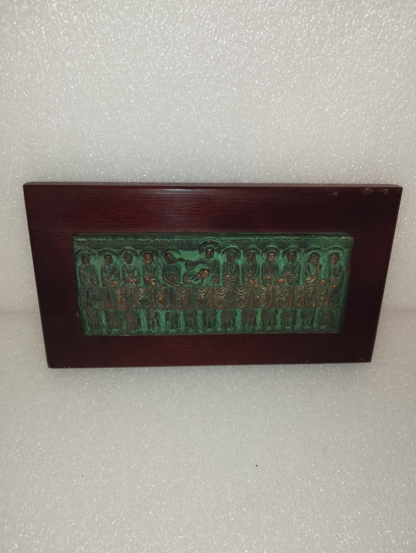 Last Supper bas-relief in bronze on wood signed Caroceli