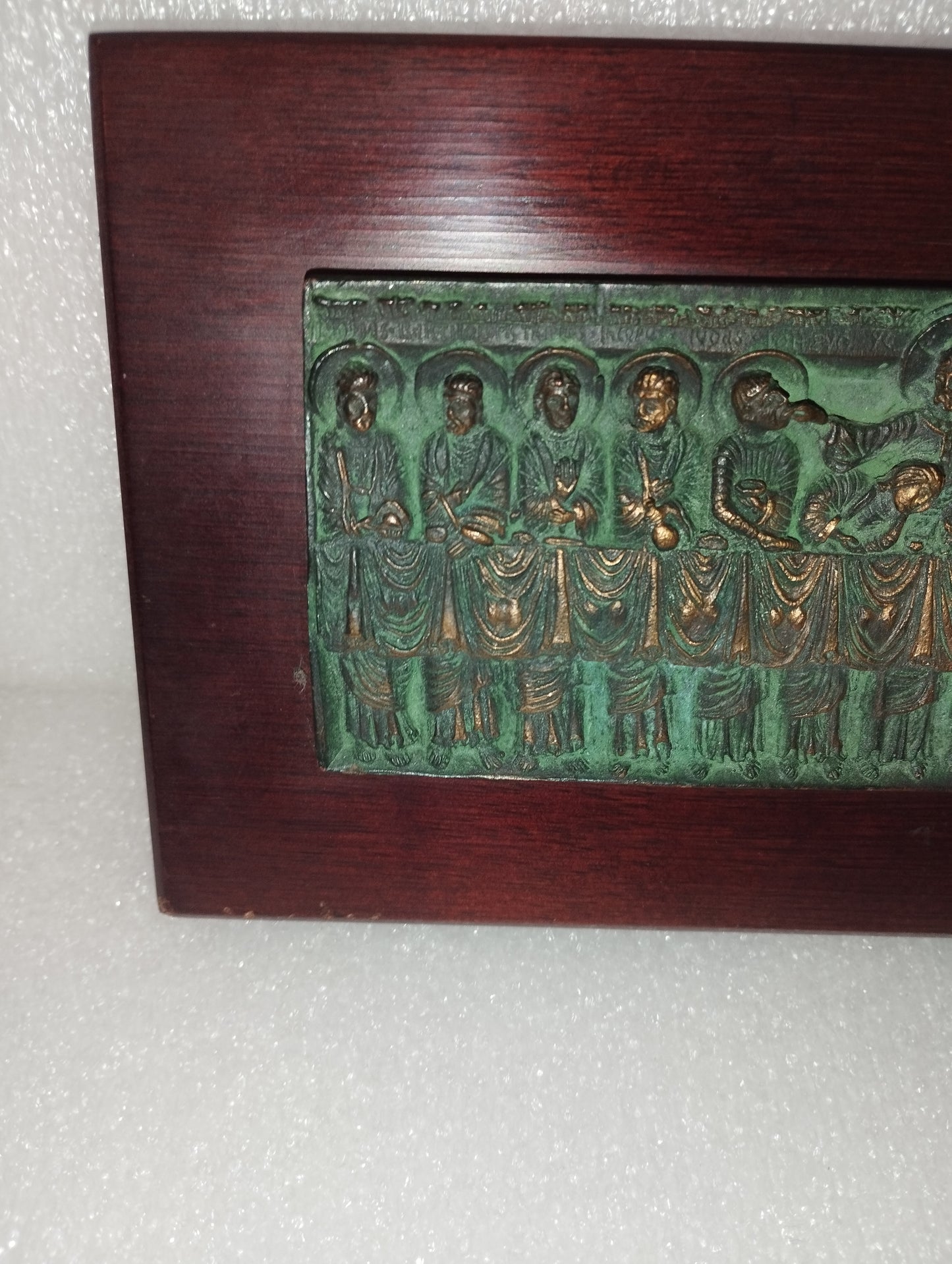 Last Supper bas-relief in bronze on wood signed Caroceli