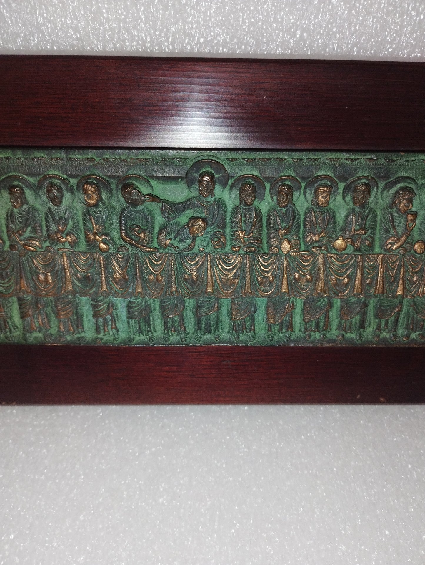 Last Supper bas-relief in bronze on wood signed Caroceli