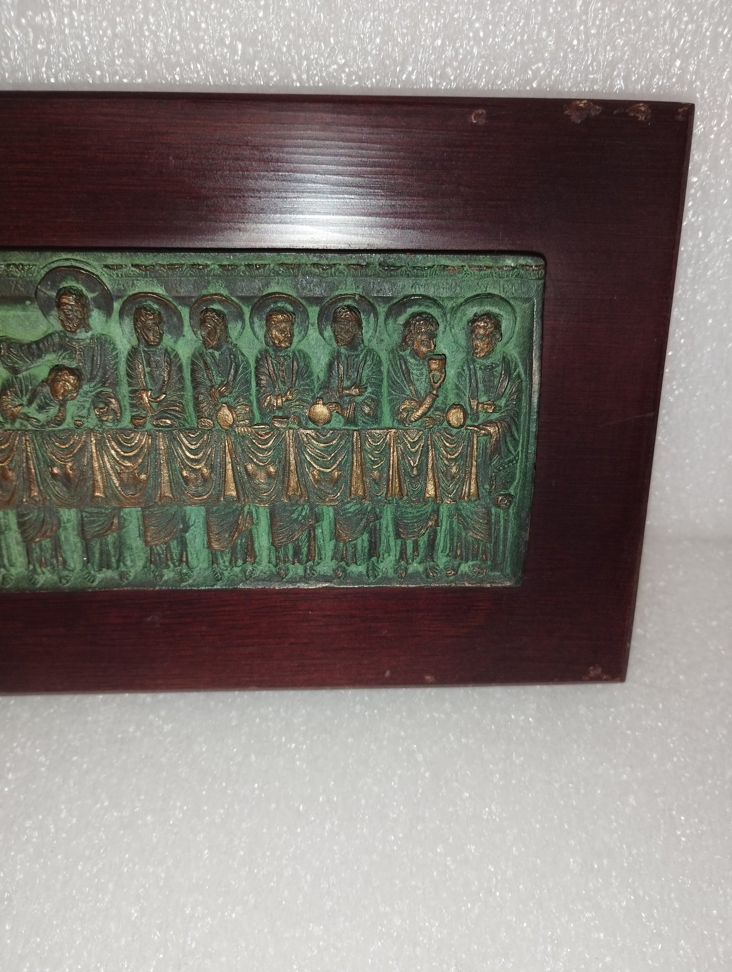 Last Supper bas-relief in bronze on wood signed Caroceli