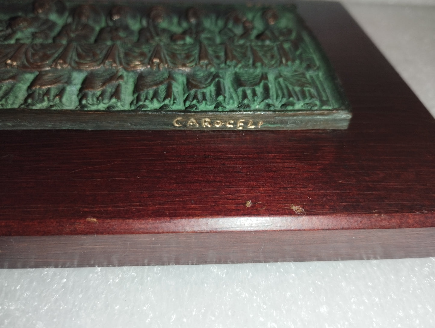 Last Supper bas-relief in bronze on wood signed Caroceli