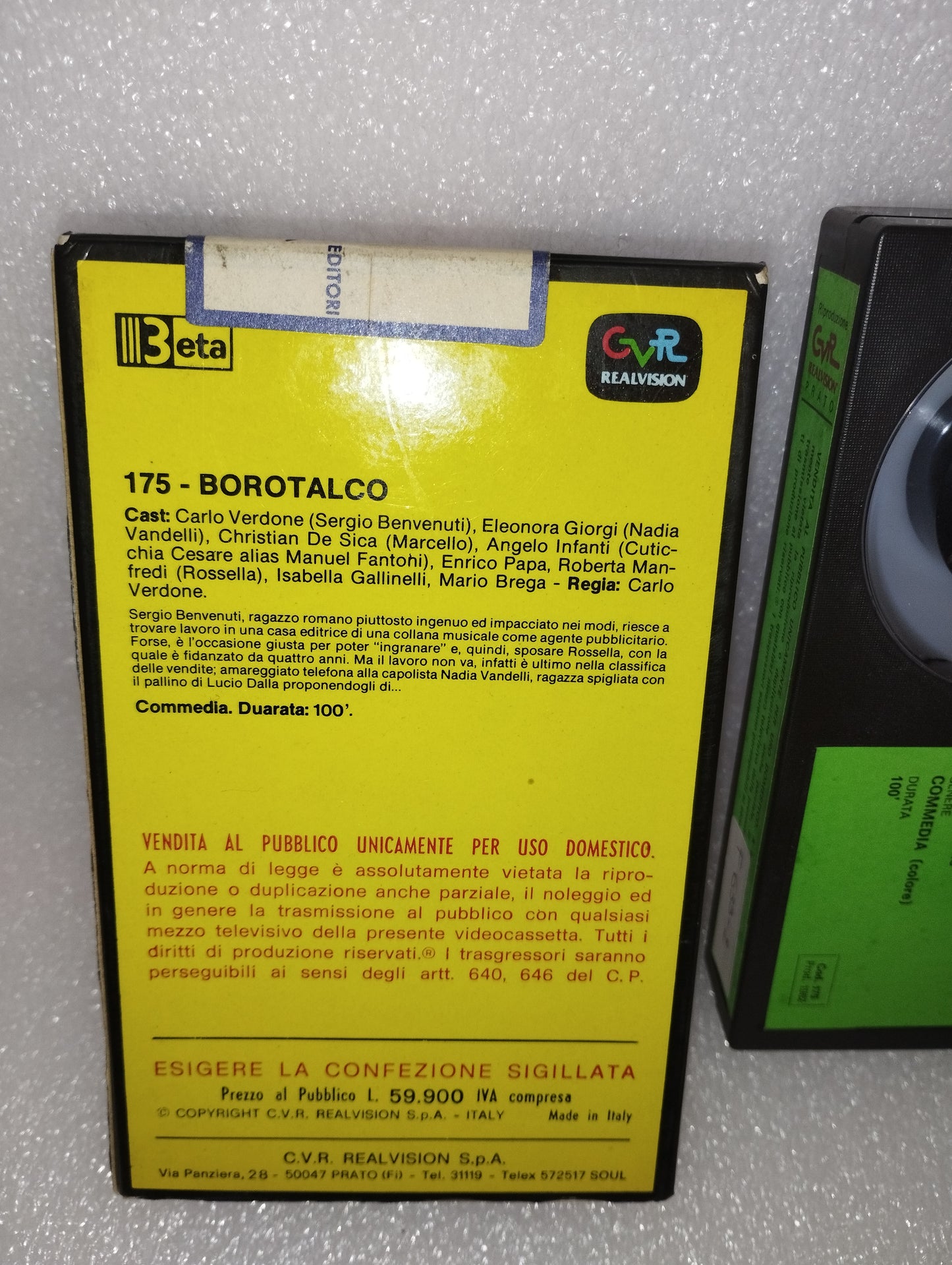 Borotalco Carlo Verdone Videocassetta CVR Realvision Beta