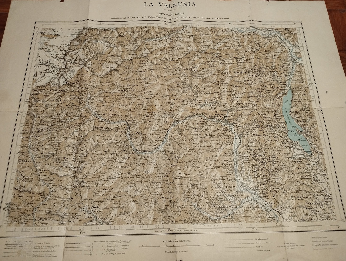 Antica Carta Topografica  La Valsesia scala chilometrica di 1 a 100.000