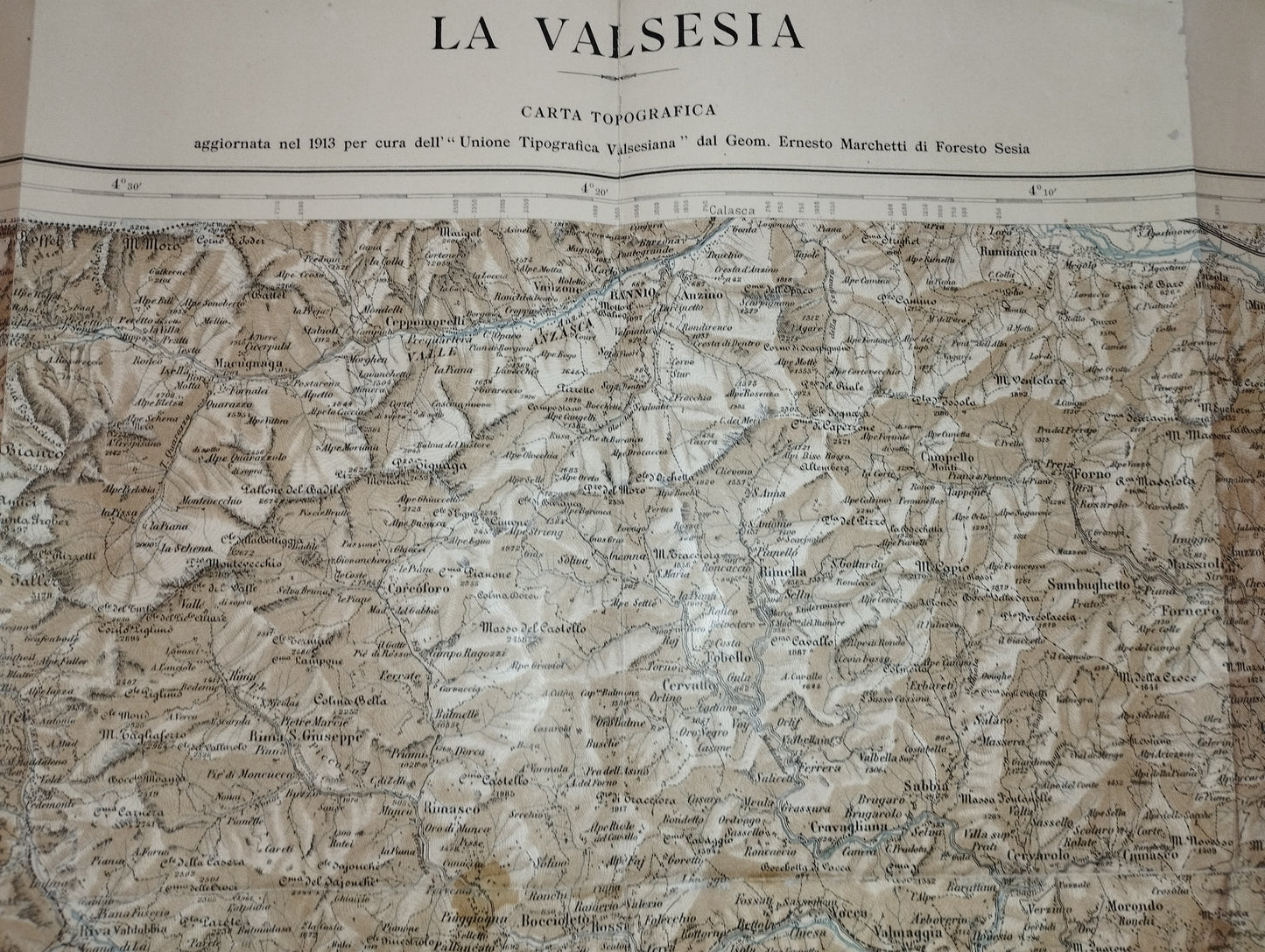 Antica Carta Topografica  La Valsesia scala chilometrica di 1 a 100.000