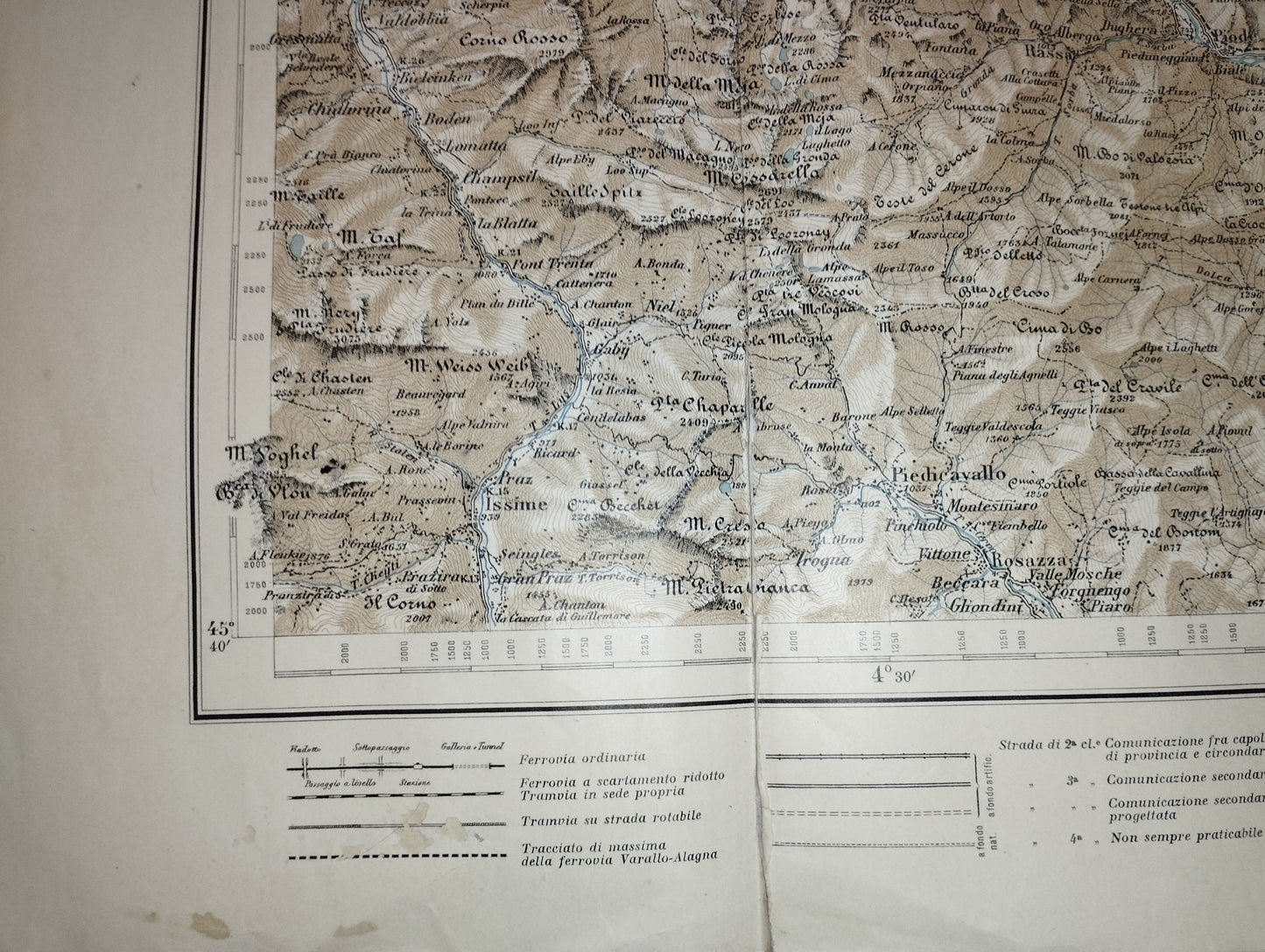 Antica Carta Topografica  La Valsesia scala chilometrica di 1 a 100.000