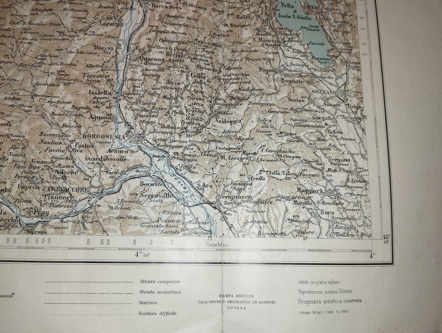 Antica Carta Topografica  La Valsesia scala chilometrica di 1 a 100.000