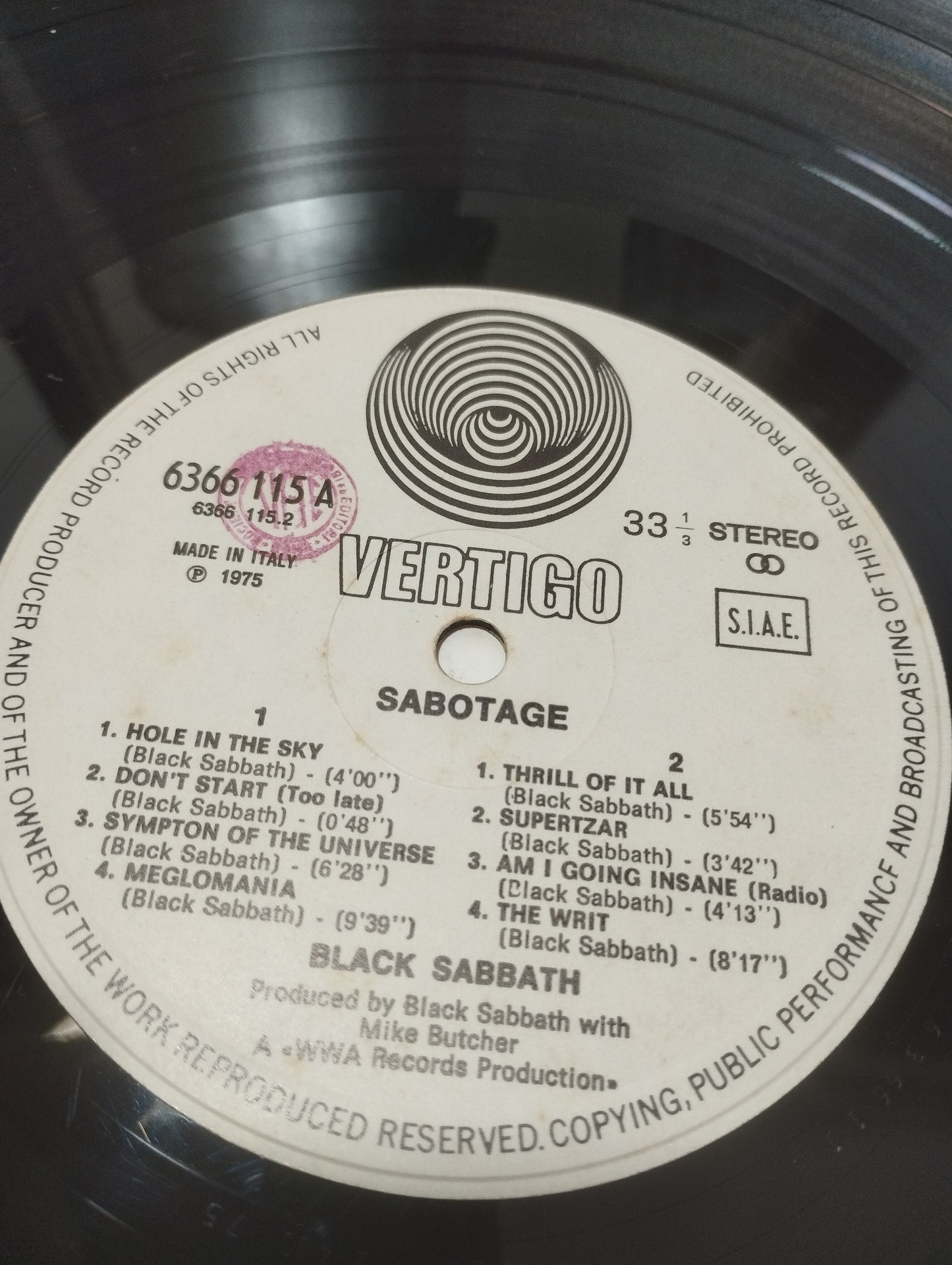 Sabotage Black Sabbath LP 33 Giri
Edito nel 1975 da Vertigo cod.6366 115 A
Prima stampa italiana