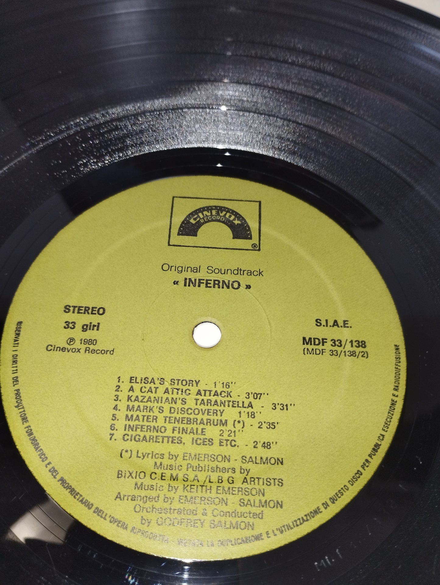 Inferno Original Soundtrack LP 33 Giri
Edito nel 1980  da Cinevox Record Cod.MDF 33/138