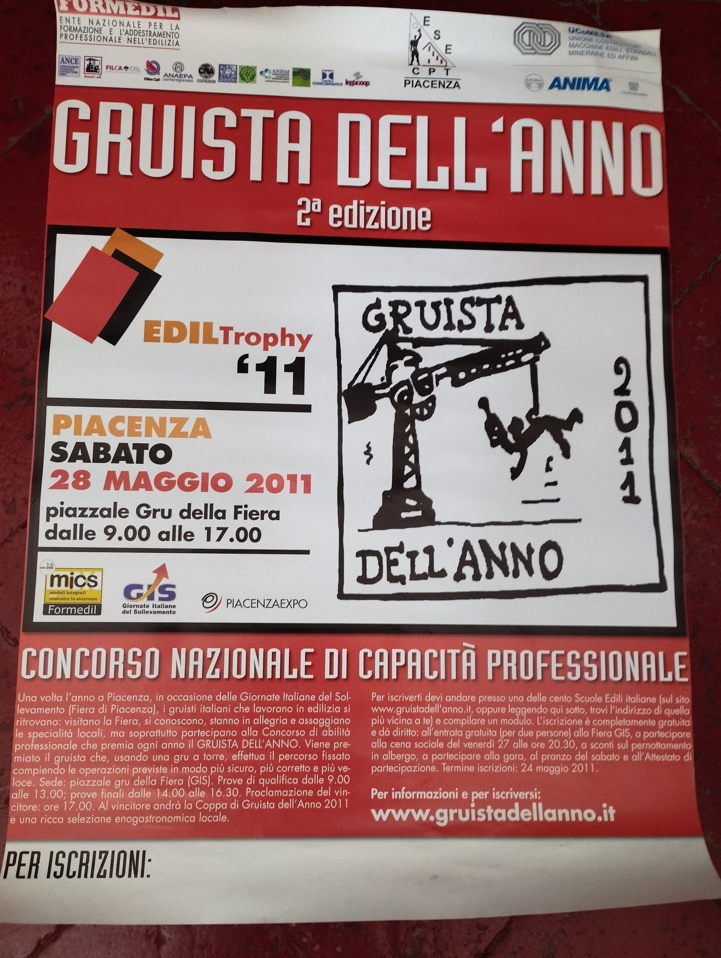 Manifesto Gruista Dell'Anno 2a Edizione Piacenza 28 maggio 2011
Dimensioni 67 x 48 cm circa