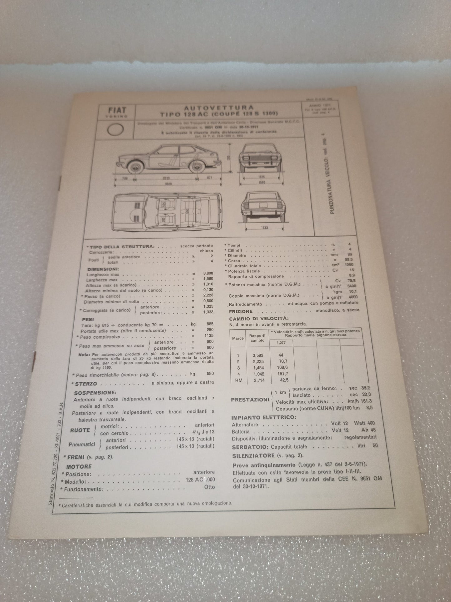 Fiat Coupé 128 S 1300 Certificato Omologazione Anno 1971 Originale