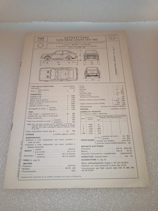 Fiat Coupé 128 S 1300 Certificato Omologazione Anno 1971 Originale