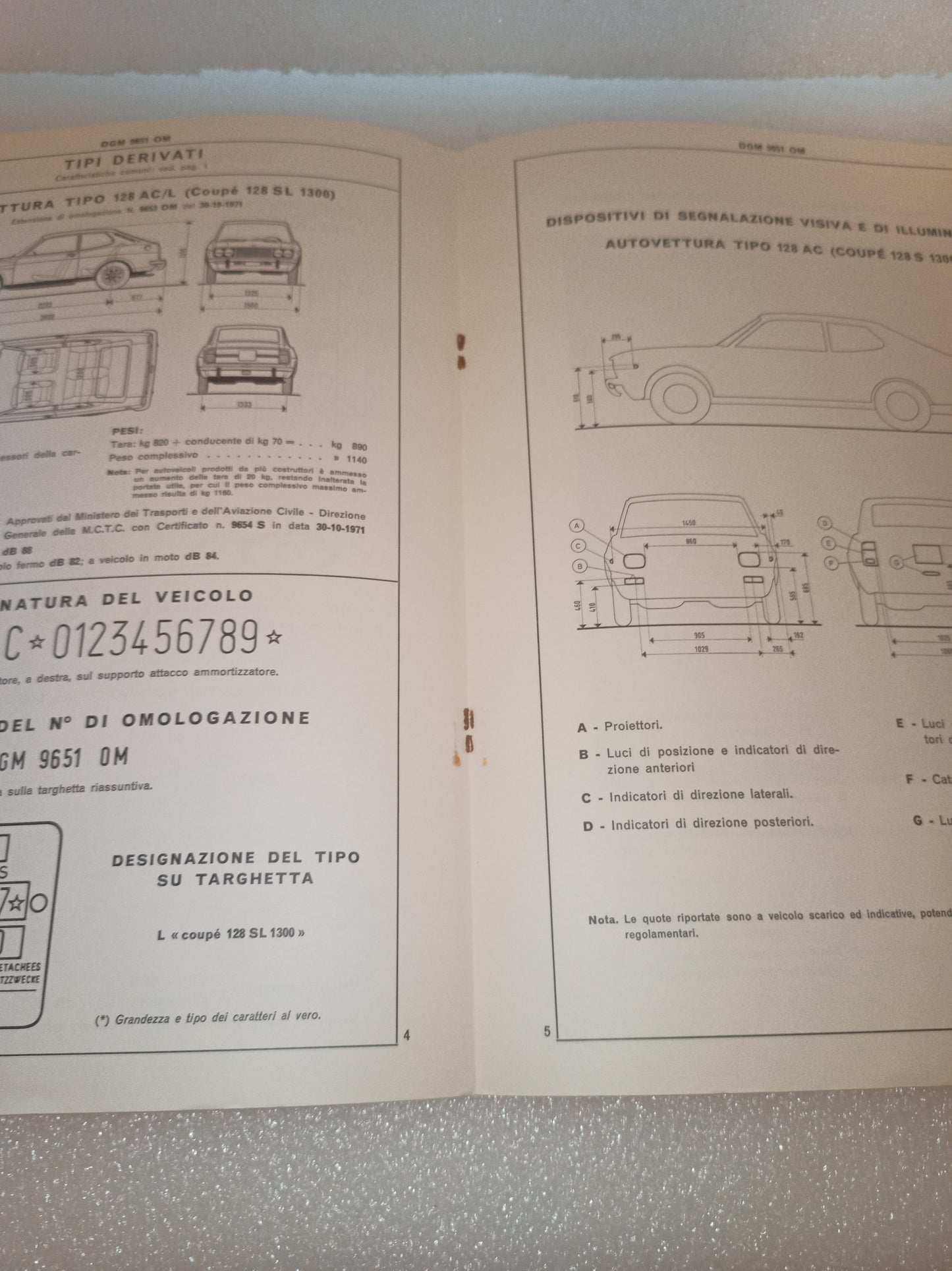 Fiat Coupé 128 S 1300 Certificato Omologazione Anno 1971 Originale