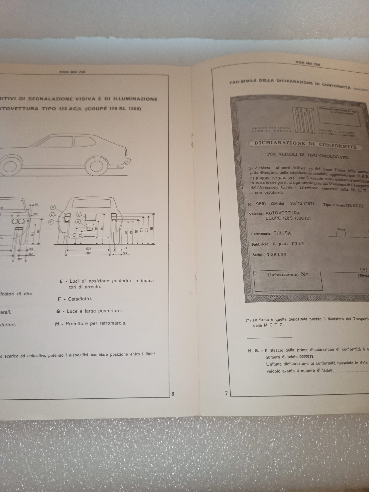 Fiat Coupé 128 S 1300 Certificato Omologazione Anno 1971 Originale