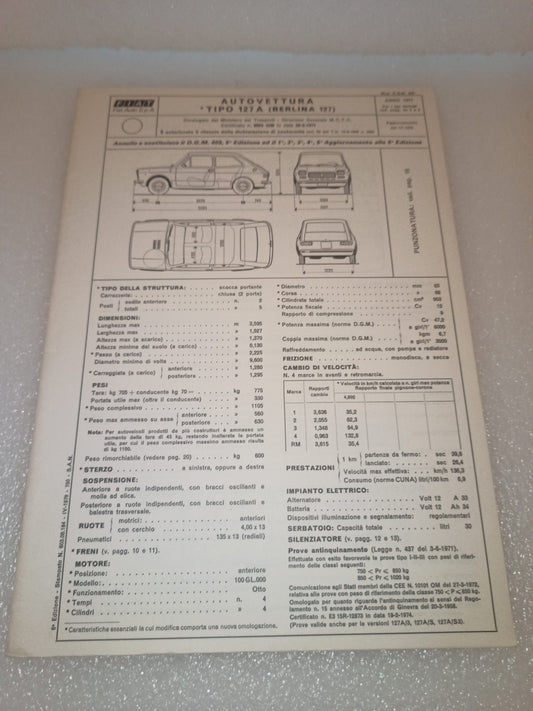 Fiat 127 Berlina Certificato Omologazione Anno 1971 Aggiornamento del IV -1979 Originale