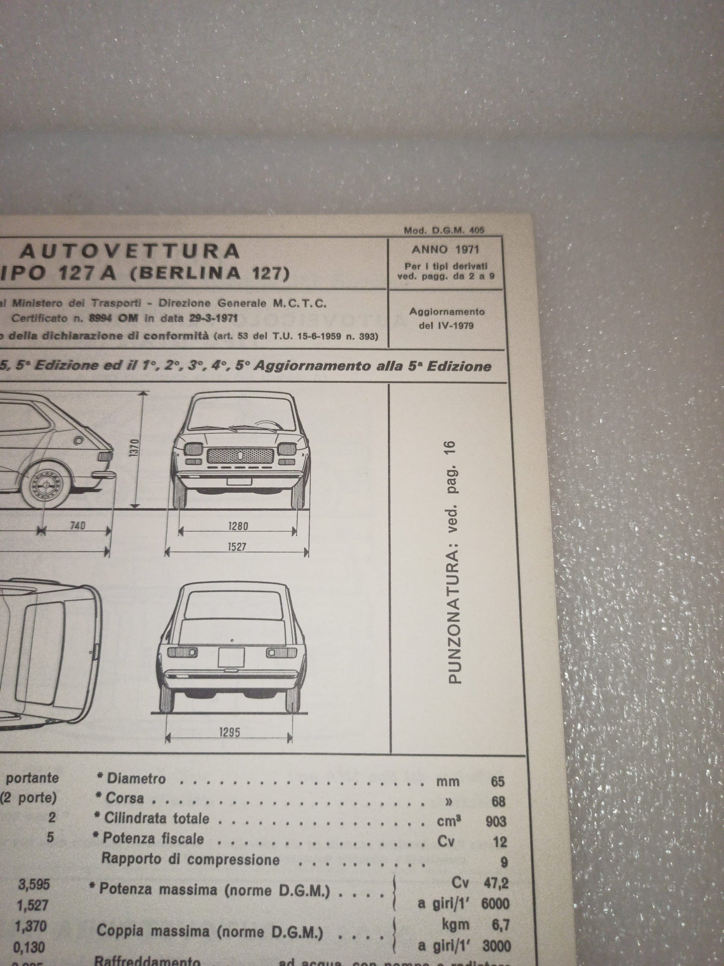 Fiat 127 Berlina Certificato Omologazione Anno 1971 Aggiornamento del IV -1979 Originale