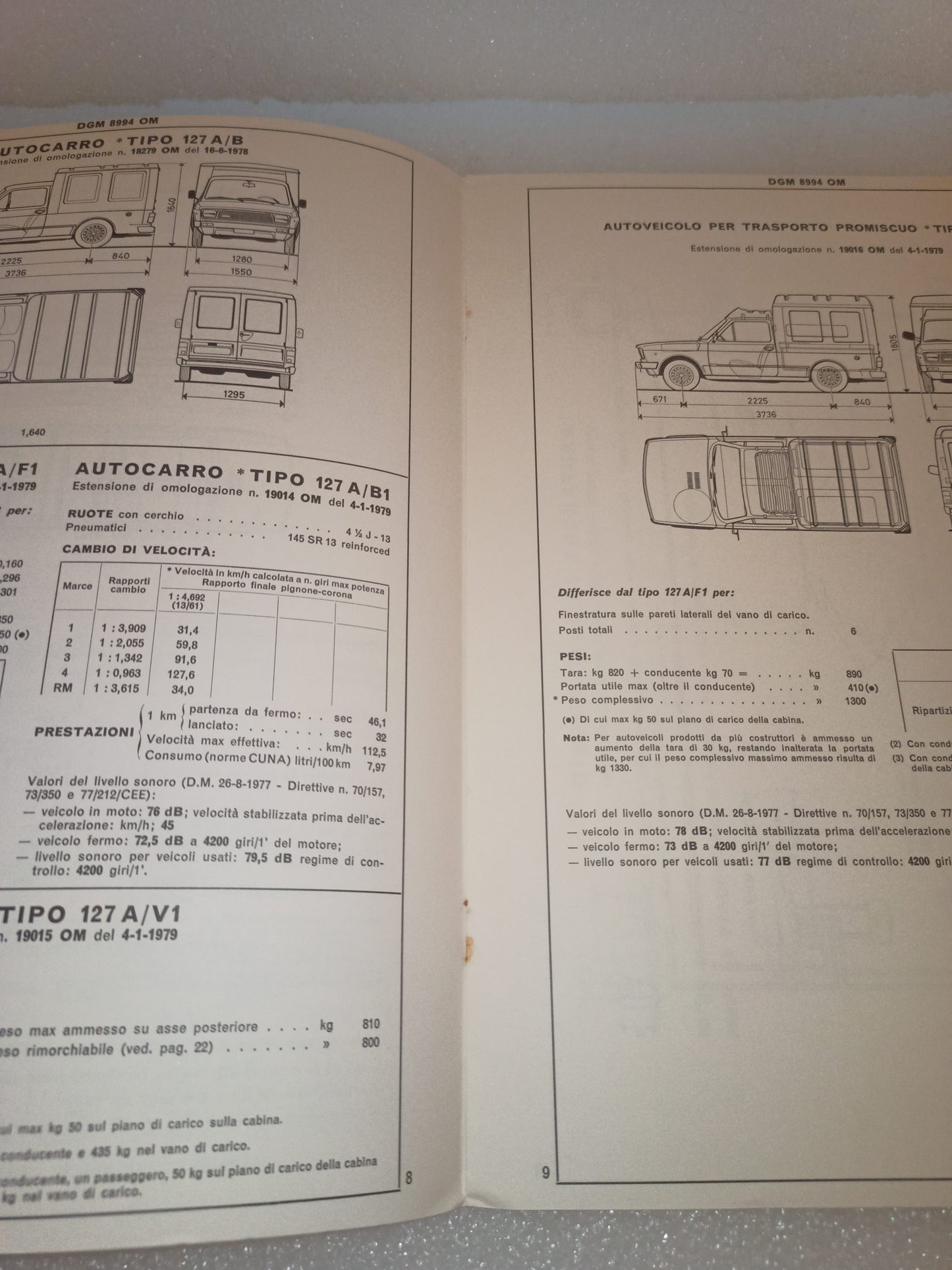 Fiat 127 Berlina Certificato Omologazione Anno 1971 Aggiornamento del IV -1979 Originale