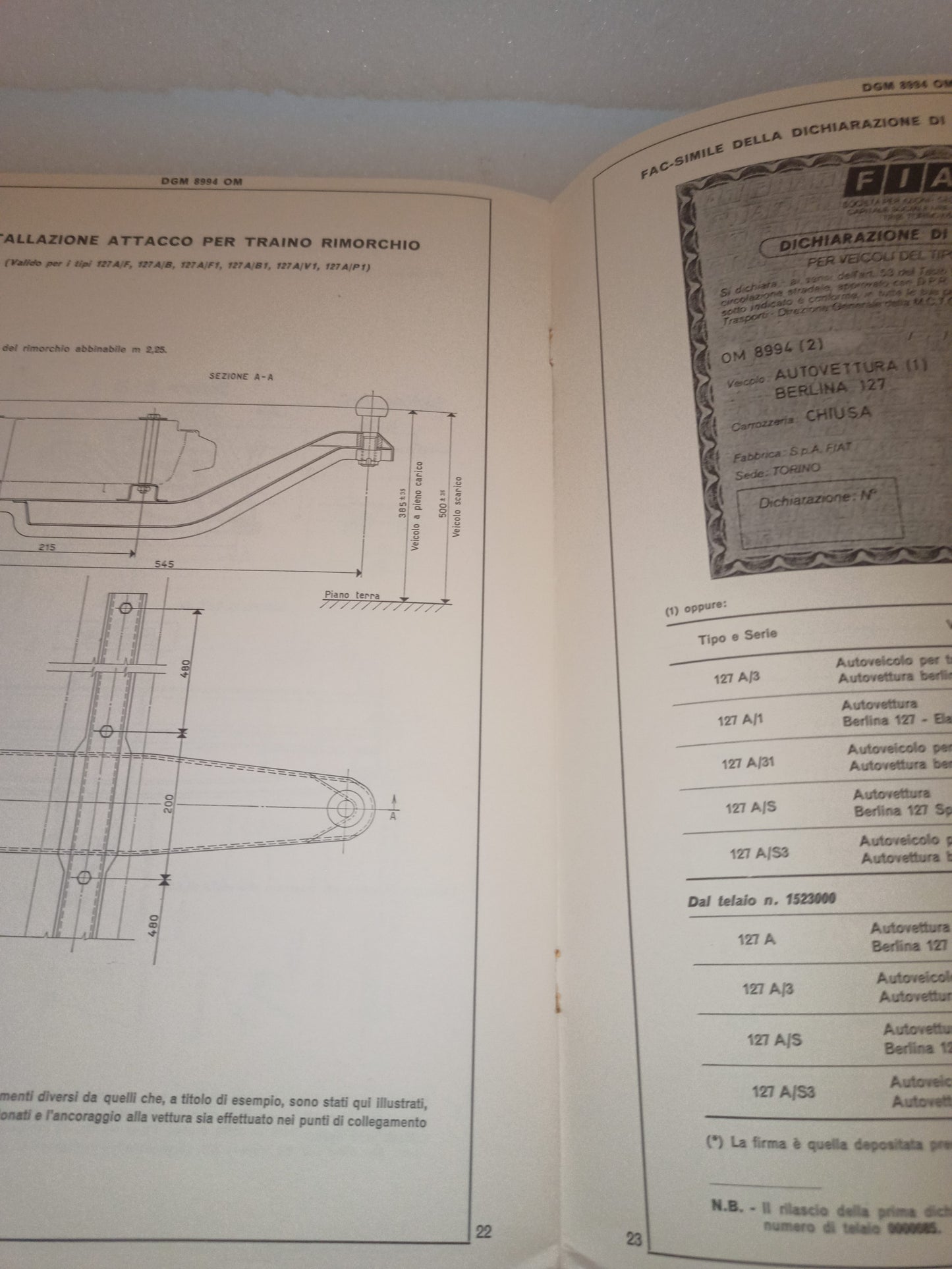 Fiat 127 Berlina Certificato Omologazione Anno 1971 Aggiornamento del IV -1979 Originale