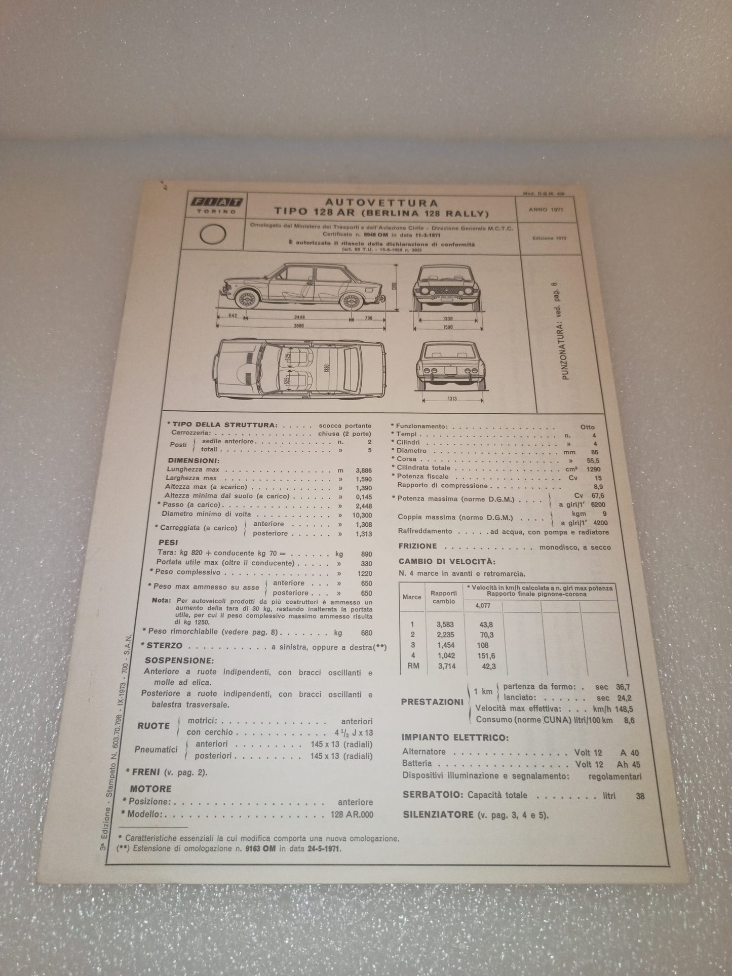 Fiat 128 Berlina Rally Certificato Omologazione Anno 1971 Edizione 1973 Originale