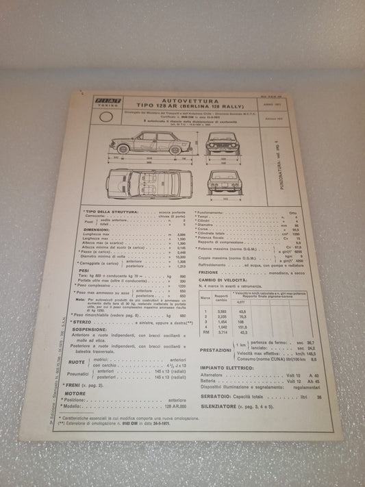 Fiat 128 Berlina Rally Certificato Omologazione Anno 1971 Edizione 1973 Originale