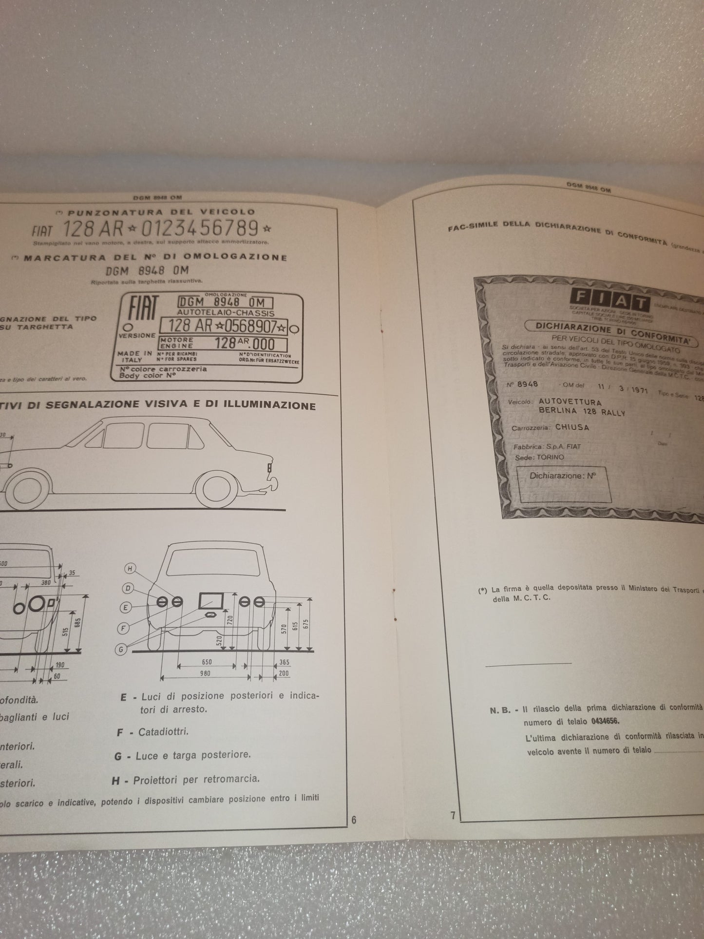 Fiat 128 Berlina Rally Certificato Omologazione Anno 1971 Edizione 1973 Originale