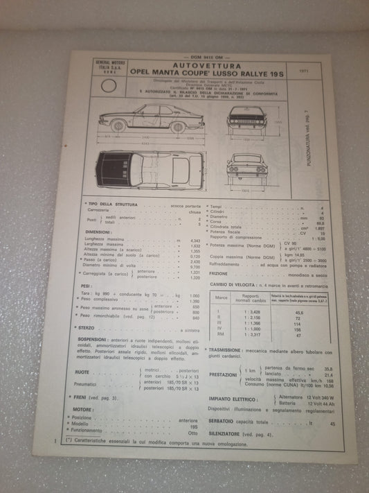 Opel Manta Coupé Lusso Rally 19S Certificato Omologazione Anno 1971 Originale